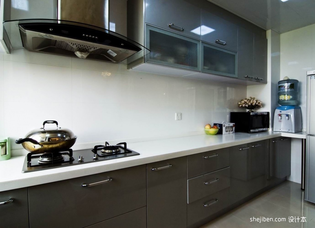 2017中式风格长条整体7平米家居灰色橱柜厨房装修效果图