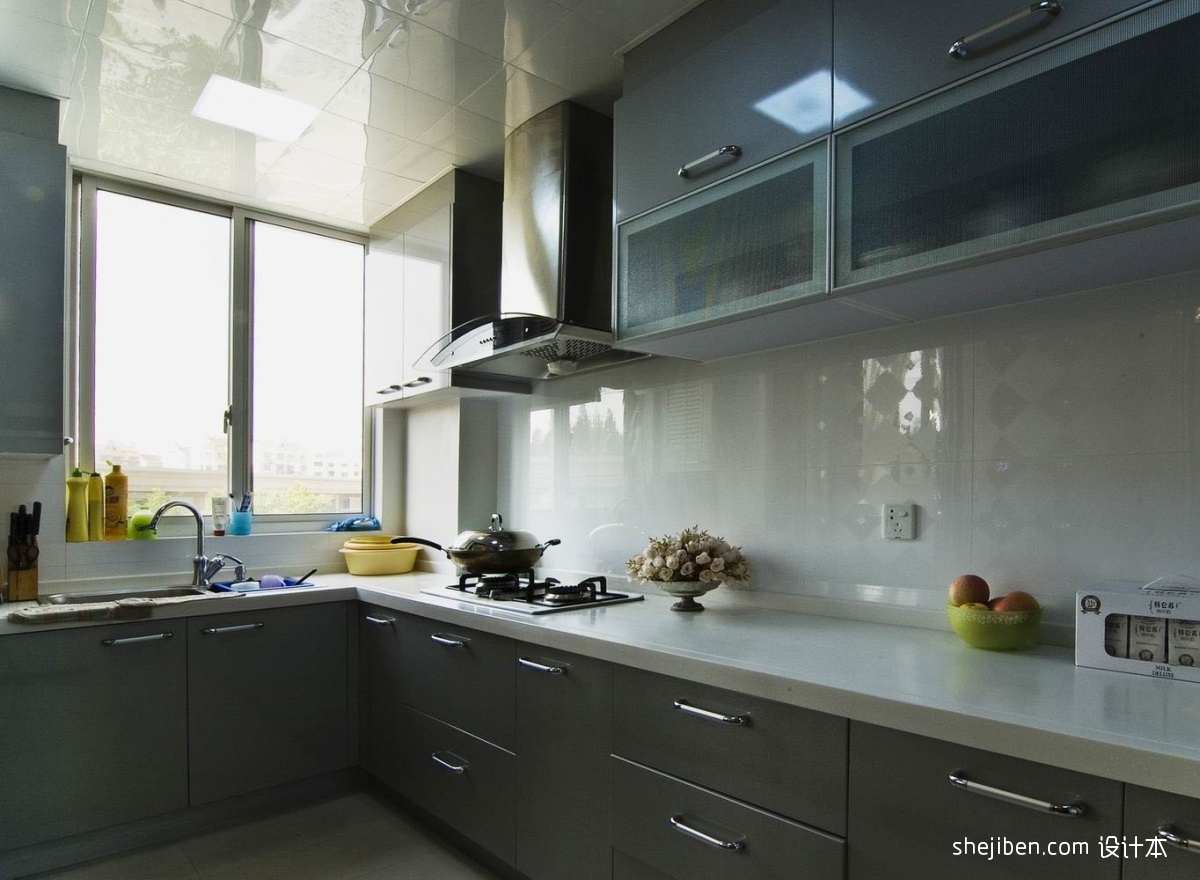 中式风格L型整体7平米家居灰色橱柜厨房集成吊顶装修效果图