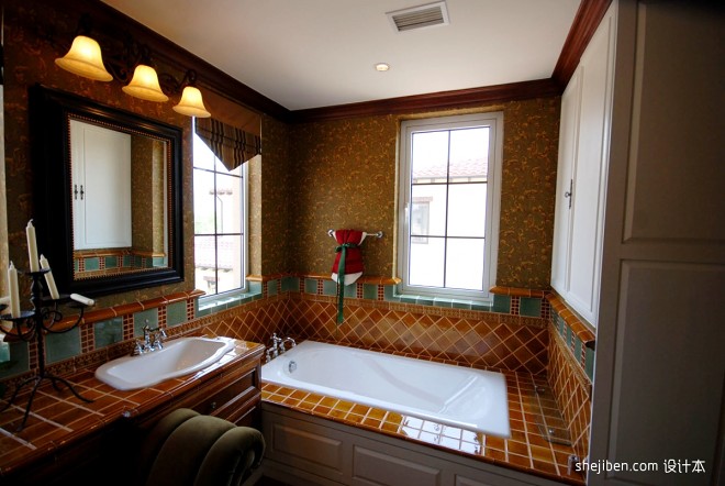 美式风格复式创意主卫生间棕色瓷砖装修效果图欣赏