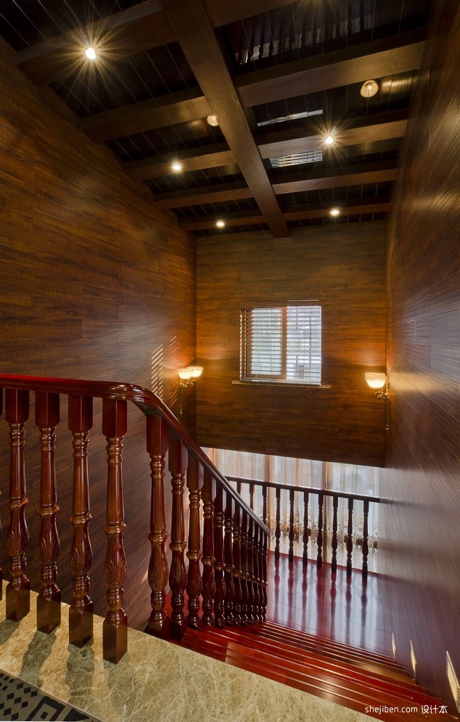 2017中式风格别墅室内中式实木楼梯护栏装修效果图