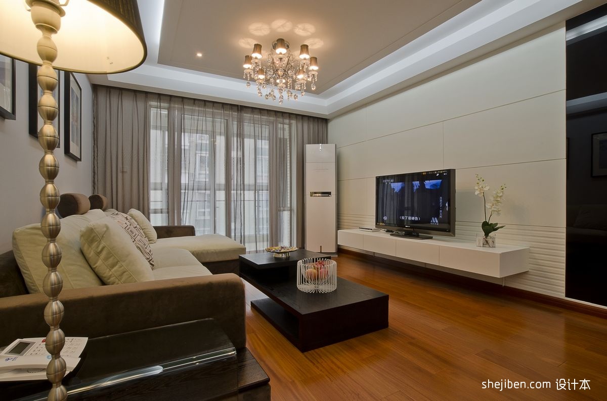 南京日光家园40平米现代简约客厅石膏线条边吊顶灯池电视柜板式设计