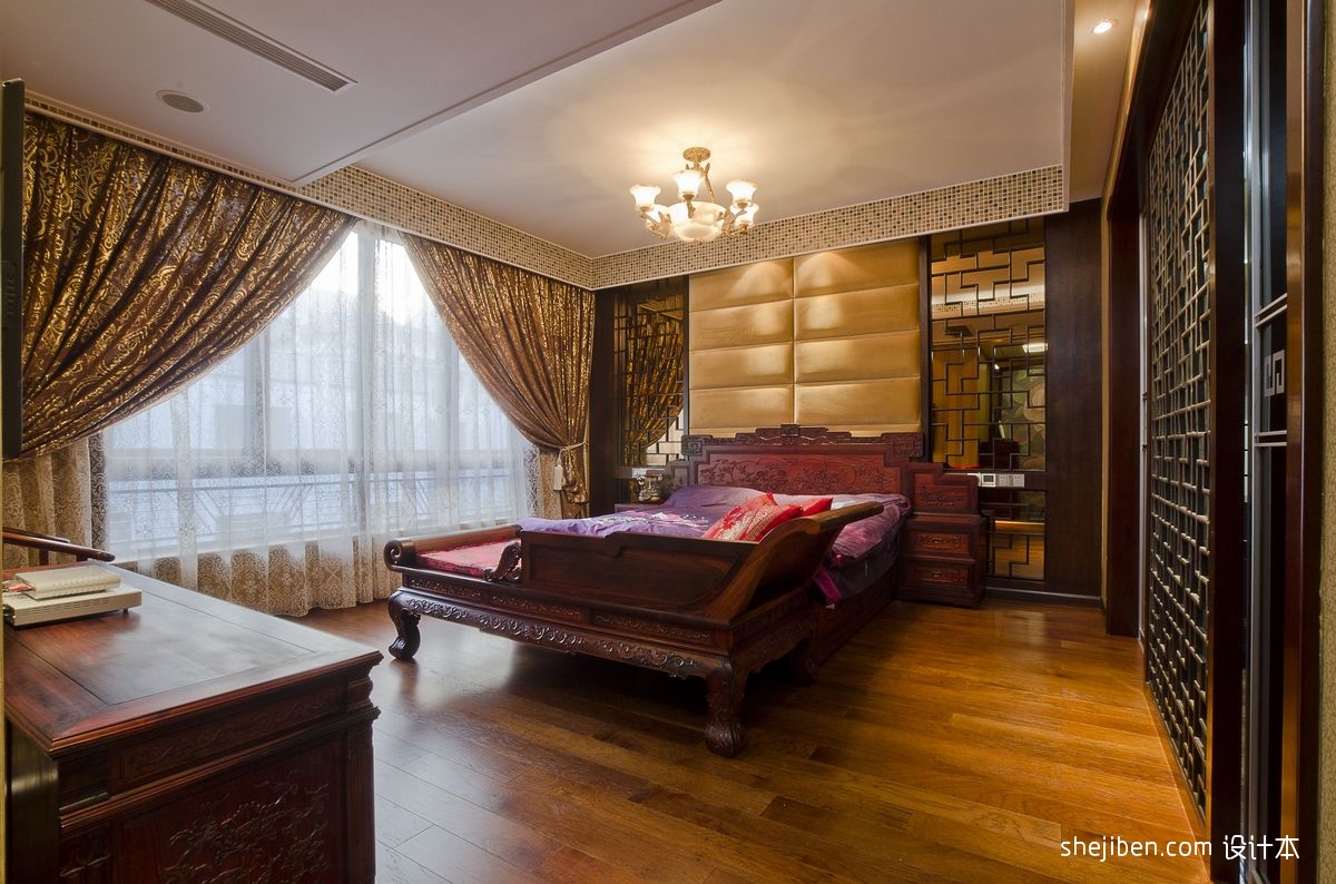 中式风格别墅创意主卧室床头背景墙吊顶落地窗窗帘装修效果图