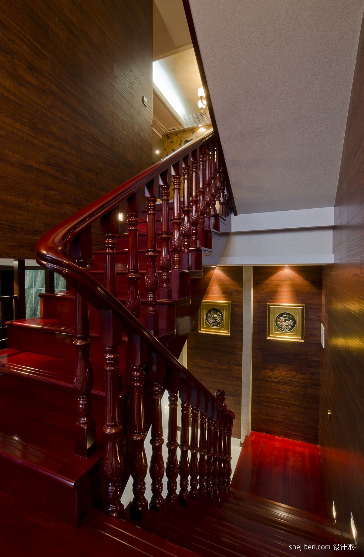 2017中式风格别墅室内高档红木楼梯护栏装修效果图