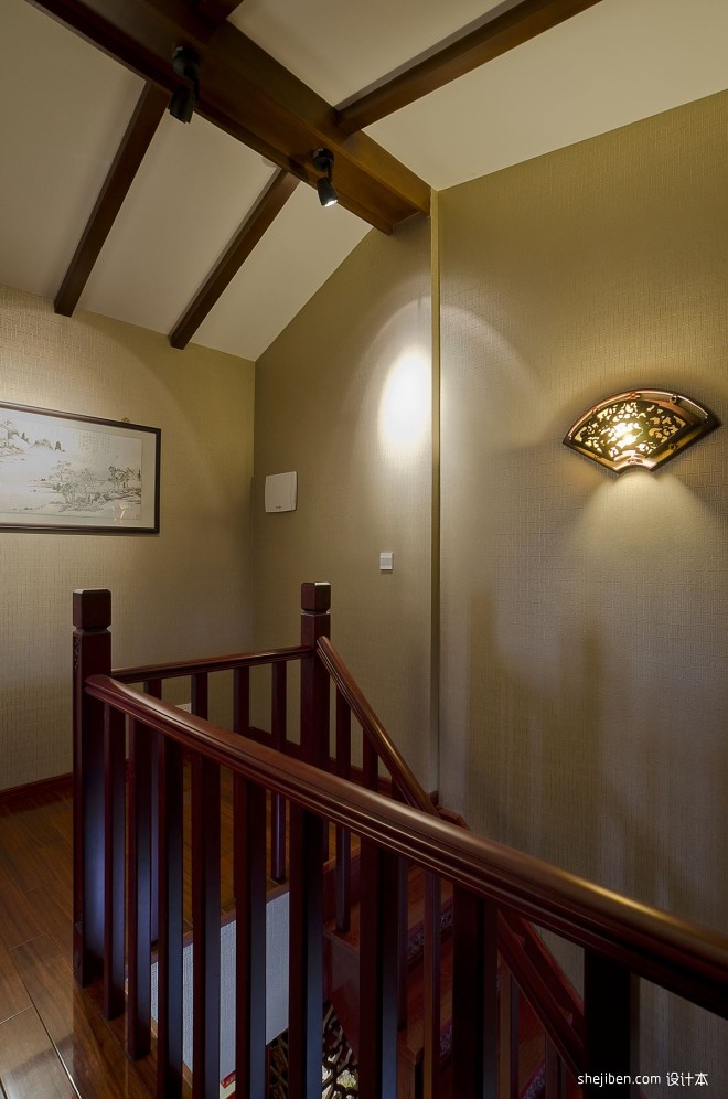 2017中式风格复式室内高档红木楼梯扶手装修效果图