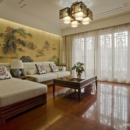 中式别墅客厅背景墙贴画效果图