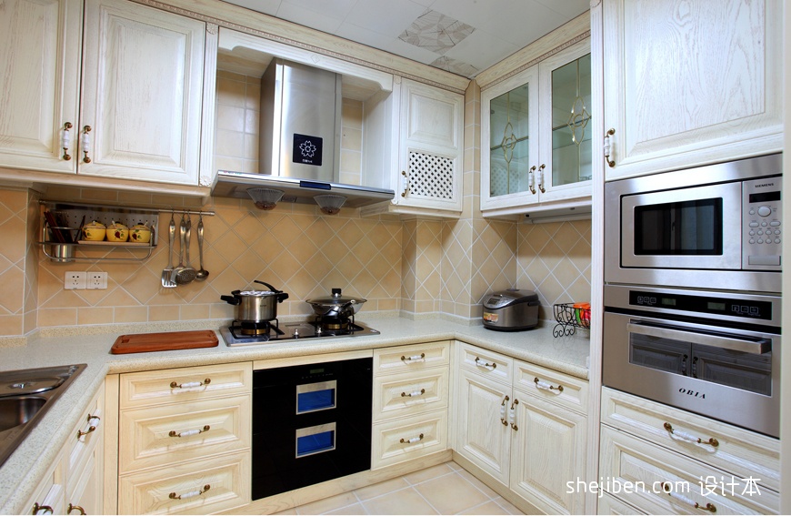 2017田园风格u型整体6平米家居白色橱柜厨房装修效果图