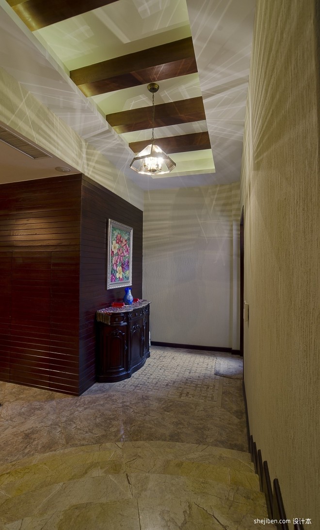美式风格别墅客厅走廊满吊顶储物柜设计效果图