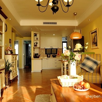 地中海风格80平米敞开式厨房客厅走廊储物柜设计效果图