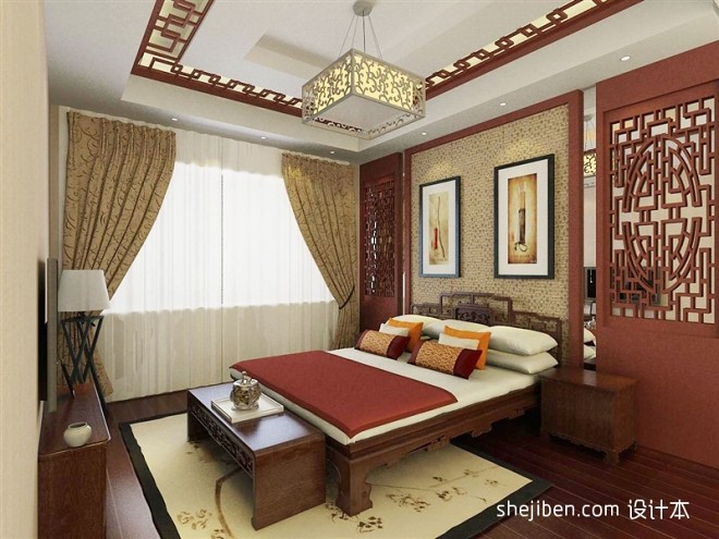 现代中式卧室榉木床效果图