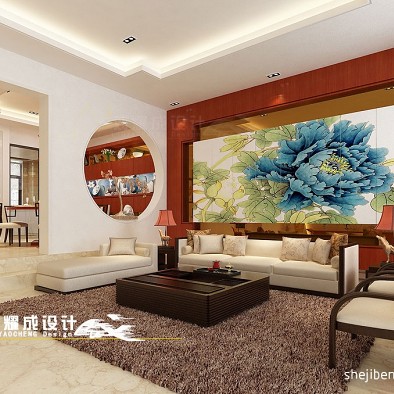 中式别墅跃层客厅沙发背景墙贴画装修效果图
