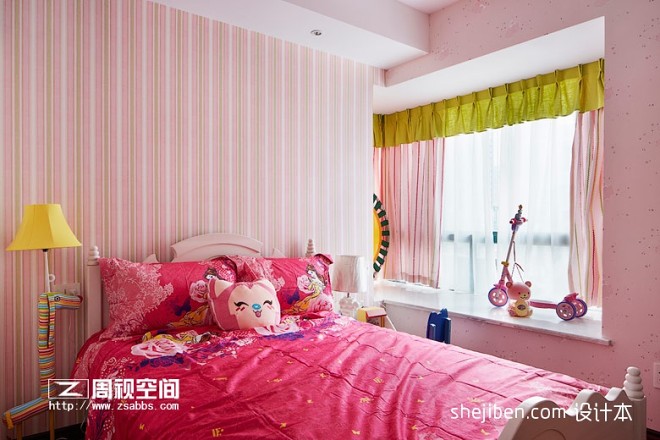 现代风格别墅时尚女孩儿童房窗台粉色背景墙装修效果图片