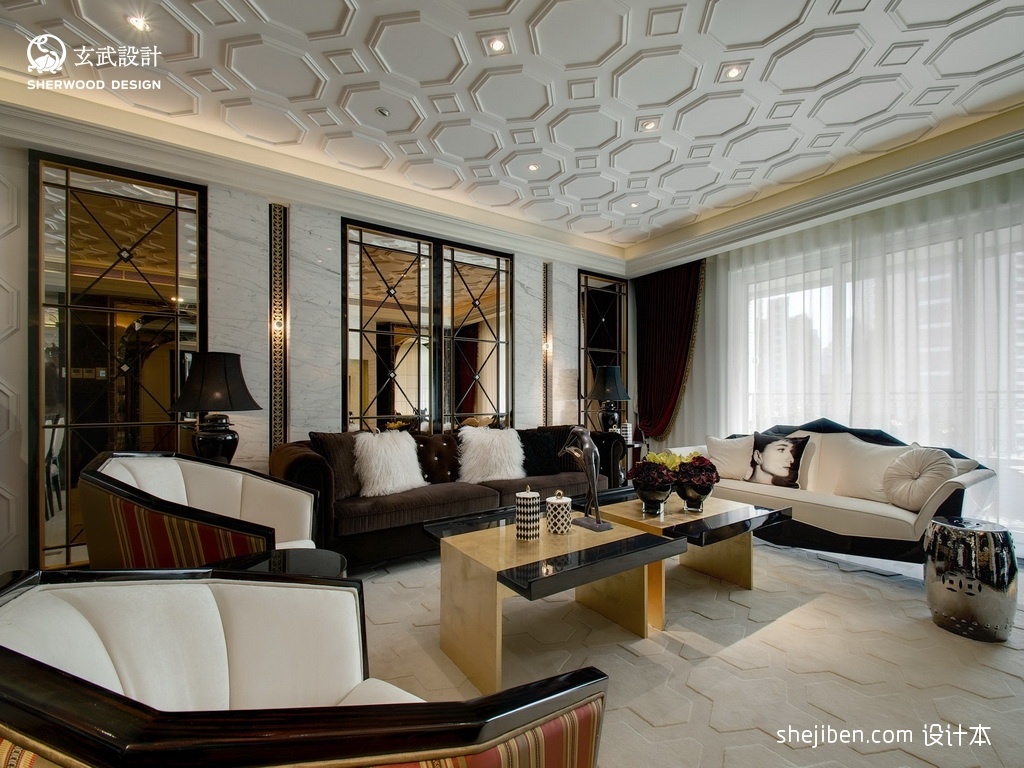 欧式简装客厅石膏线吊顶配筒灯及沙发家具布置摆放设计