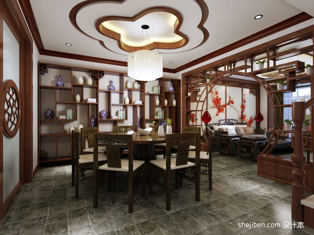 现代中式时尚客厅餐厅博古架隔断效果图 – 设计本装修效果图