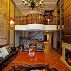 美式风格复式建筑客厅带实木楼梯装修效果图