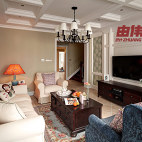 三居室美式风格客厅满假梁吊顶白色影视墙装修效果图