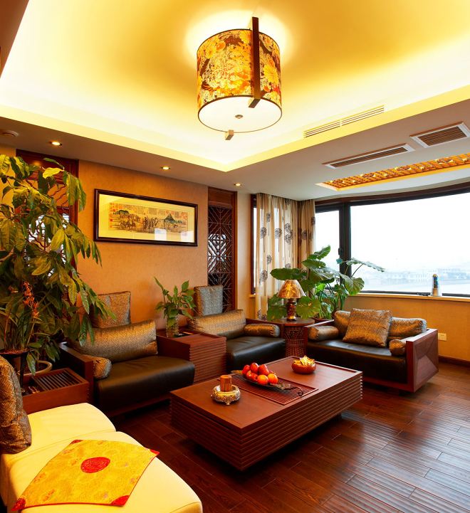 宁波碧水华庭公寓复式红木中式客厅吊顶