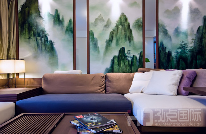 中式别墅客厅沙发玻璃屏风背景墙效果图