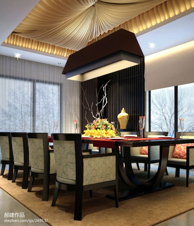 别墅中式风格餐厅天花吊顶灯玻璃背景墙设计效果图