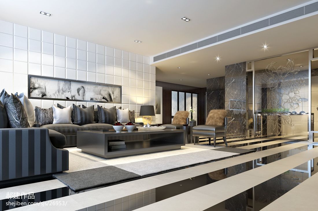 黑白调客厅沙发家具摆放地板砖设计