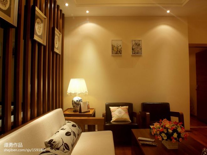 中式风格样板房客厅挂画背景墙效果图