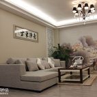 家装三居室简中式客厅沙发镂空隔断壁画背景墙装修效果图