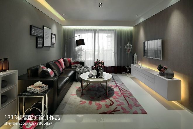 现代风格样板房家装客厅真皮沙发设计图