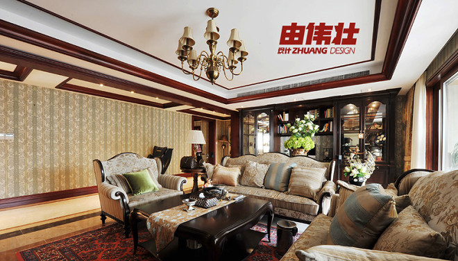 美式家装用壁纸客厅设计储物柜及沙发摆