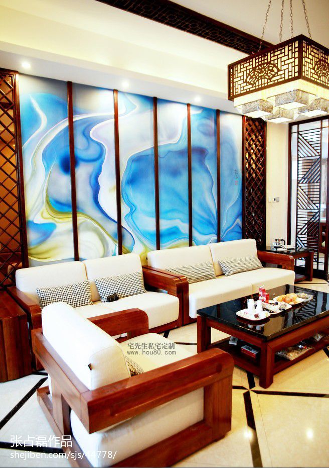 中式风格客厅实木沙发摆放设计图片