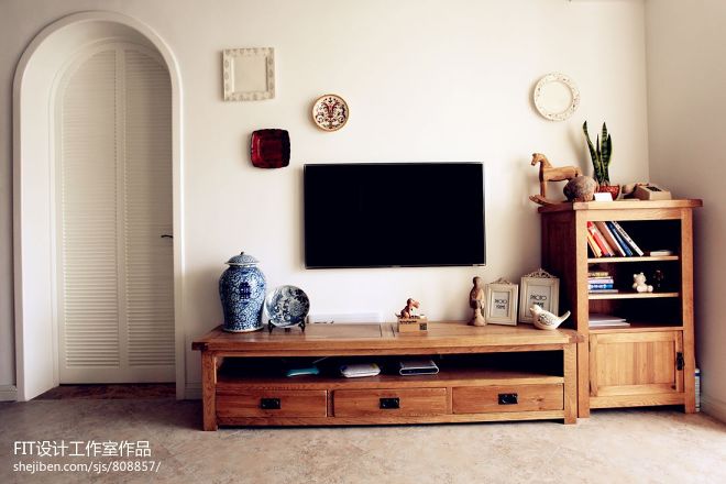中式复式客厅实木电视柜设计效果图