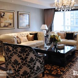 新古典风格复式客厅沙发背景墙带落地窗帘效果图