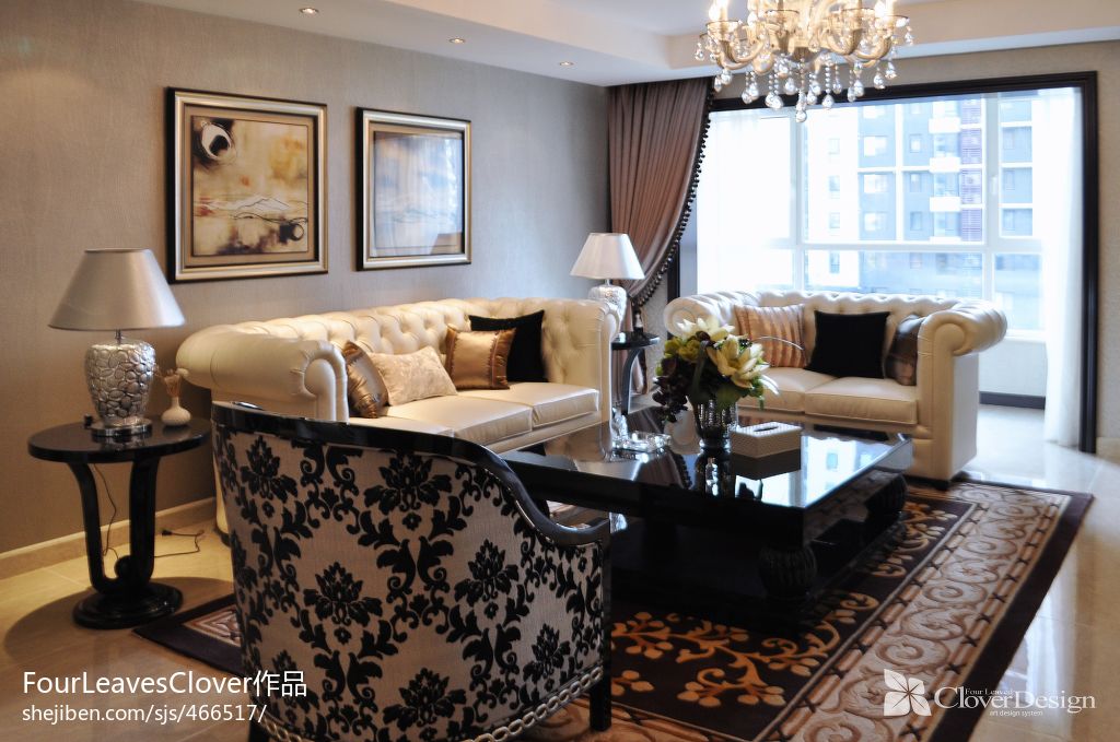 新古典风格复式客厅沙发背景墙带落地窗帘效果图