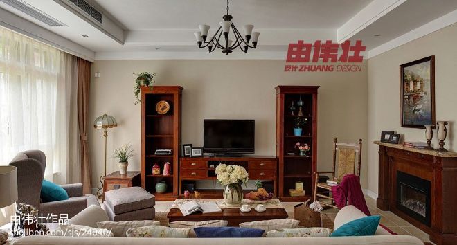 美式风格别墅客厅实木电视柜白色调背景