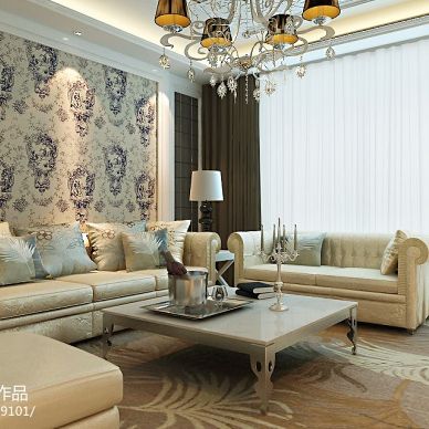 中央华府现代欧式客厅沙发墙纸装修效果图