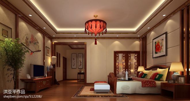 东莞中式古典美卧室背景墙装修设计效果