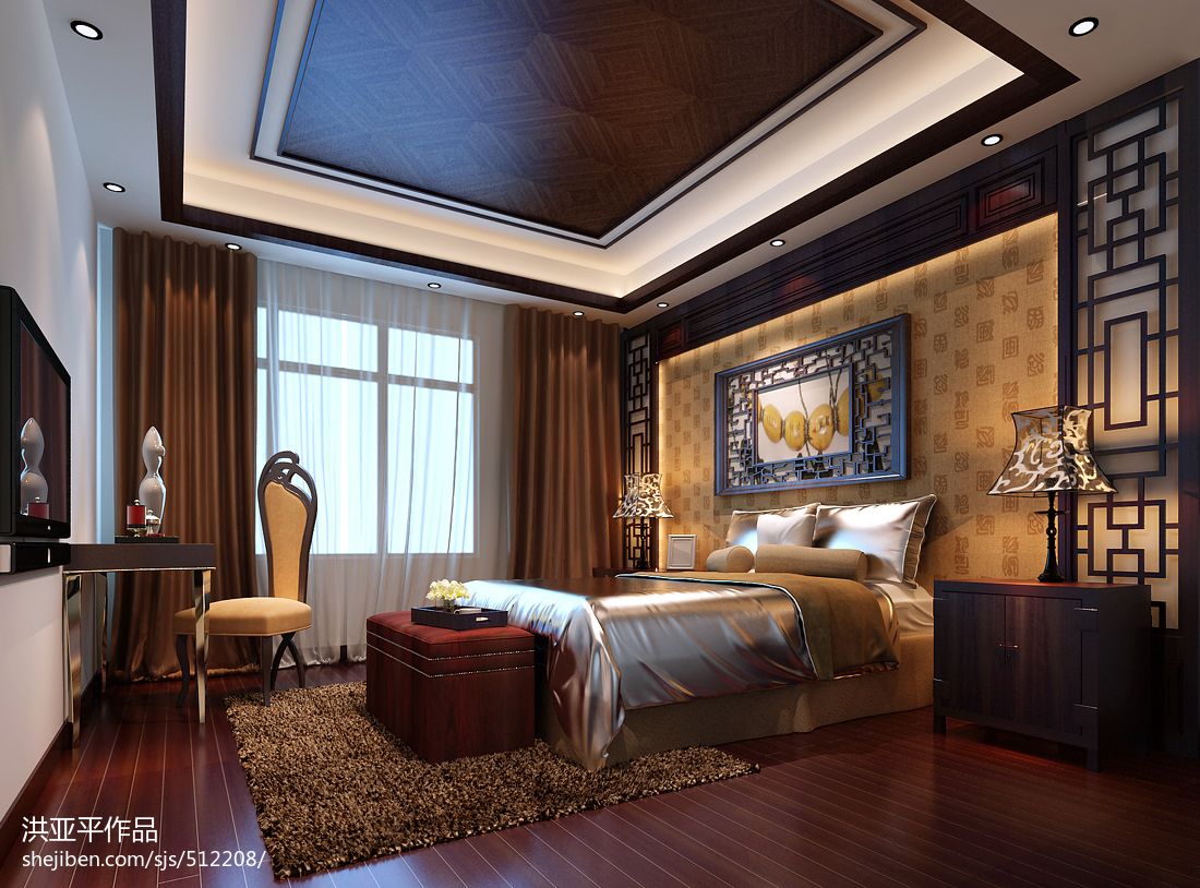 中式风格卧室床头背景墙设计 – 设计本装修效果图