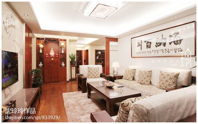 中式风格沙发摆放及沙发背景墙效果图