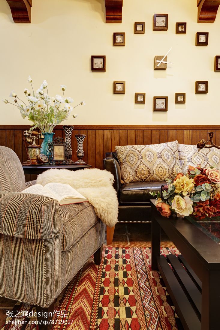 传统美式乡村客厅沙发背景墙效果图