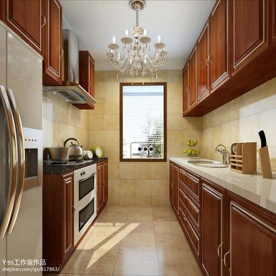 美式主义风格样板间厨房组合橱柜装修设计效果图