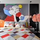 现代卧室床头个性手工绘画背景墙装修效果图