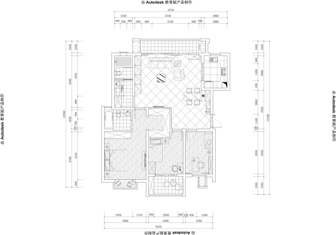 CAD三室两厅户型平面布置方案图片素材-编号29785127-图行天下