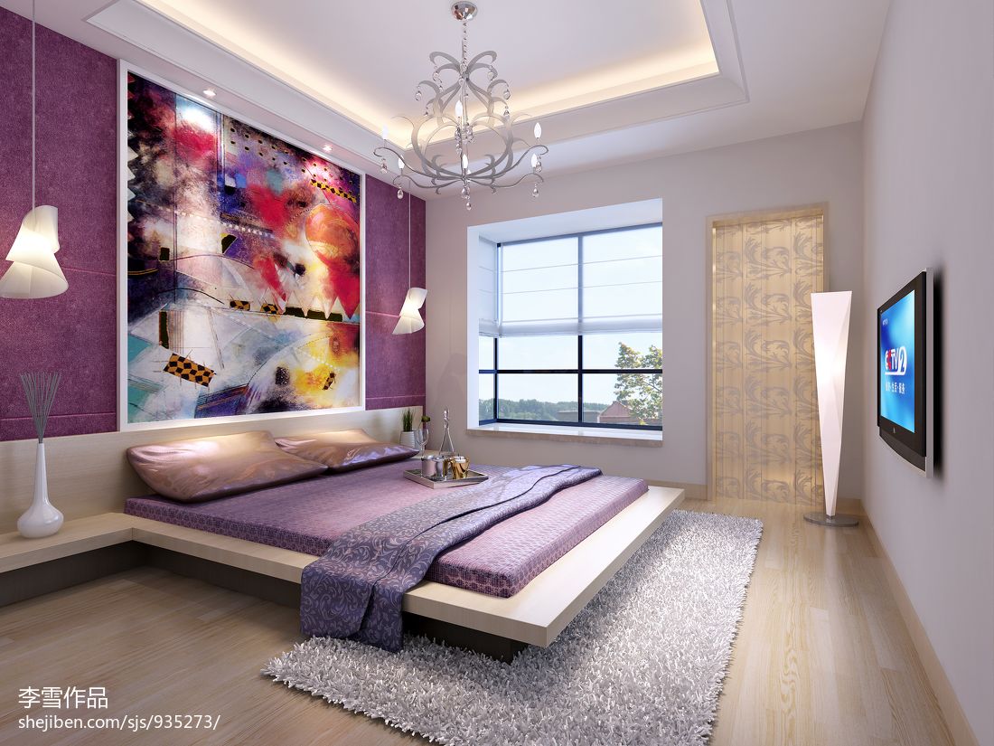 现代卧室淡紫色背景墙室内装修效果图图片素材-编号28940311-图行天下