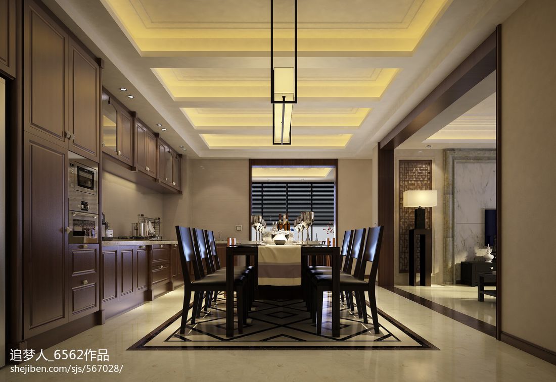 中式_餐厅厨房连体装修设计效果图