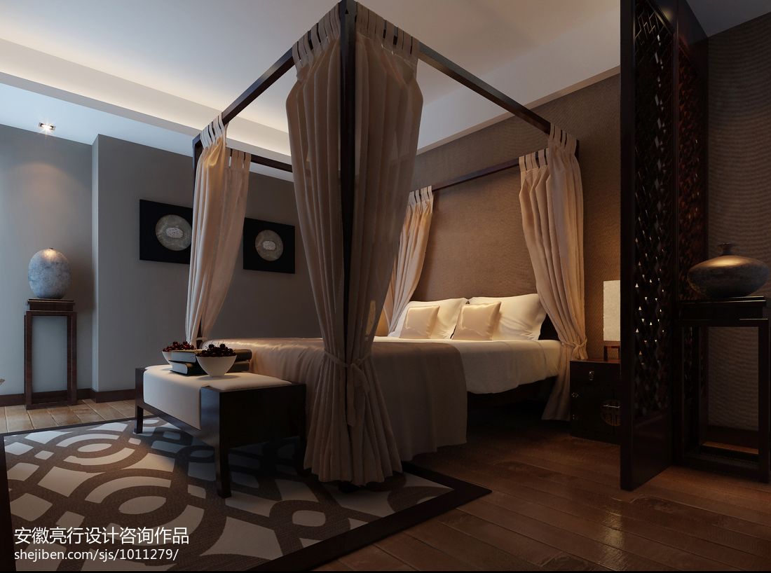 中式卧室镂空雕花隔断装修效果图 – 设计本装修效果图