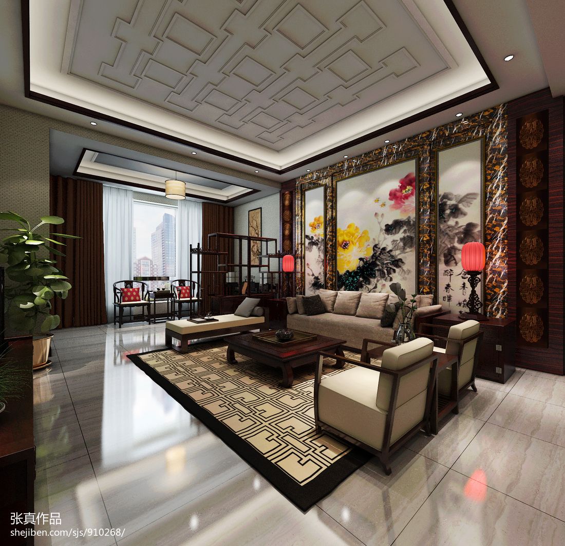 中式客厅沙发背景墙效果图片欣赏