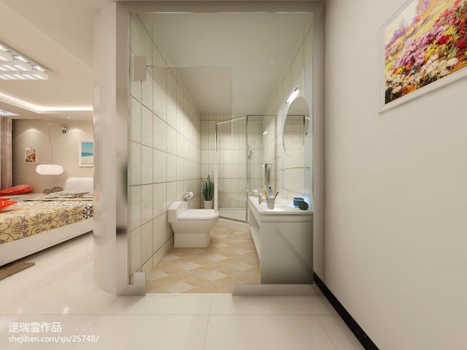 现代三居室主卧卫生间隐形门装修设计效果图