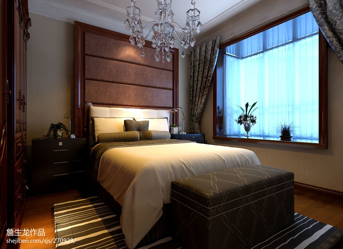 现代美式卧室皮质背景墙装修效果图