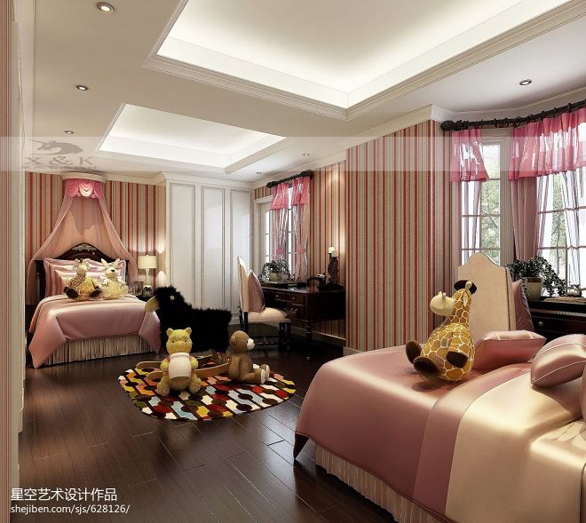 现代美式粉红卧室效果图