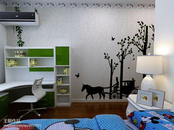 现代小面积儿童房手绘背景墙装修设计效果图