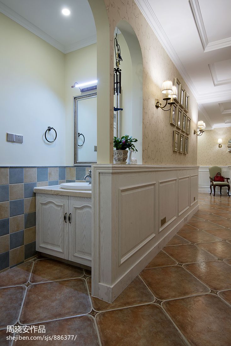 别墅现代美式洗手台卫生间隔断装修效果图