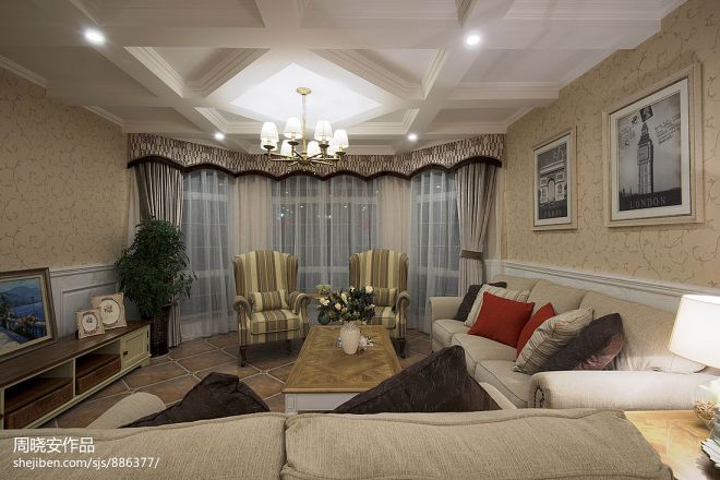 美之国别墅 现代美式客厅沙发背景效果图